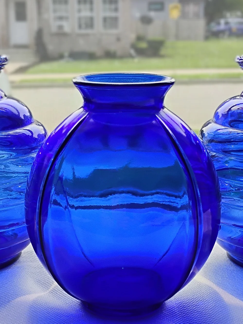 Cobalt Blue Glass Vases - Beehive Pair & Globe Vase Trio